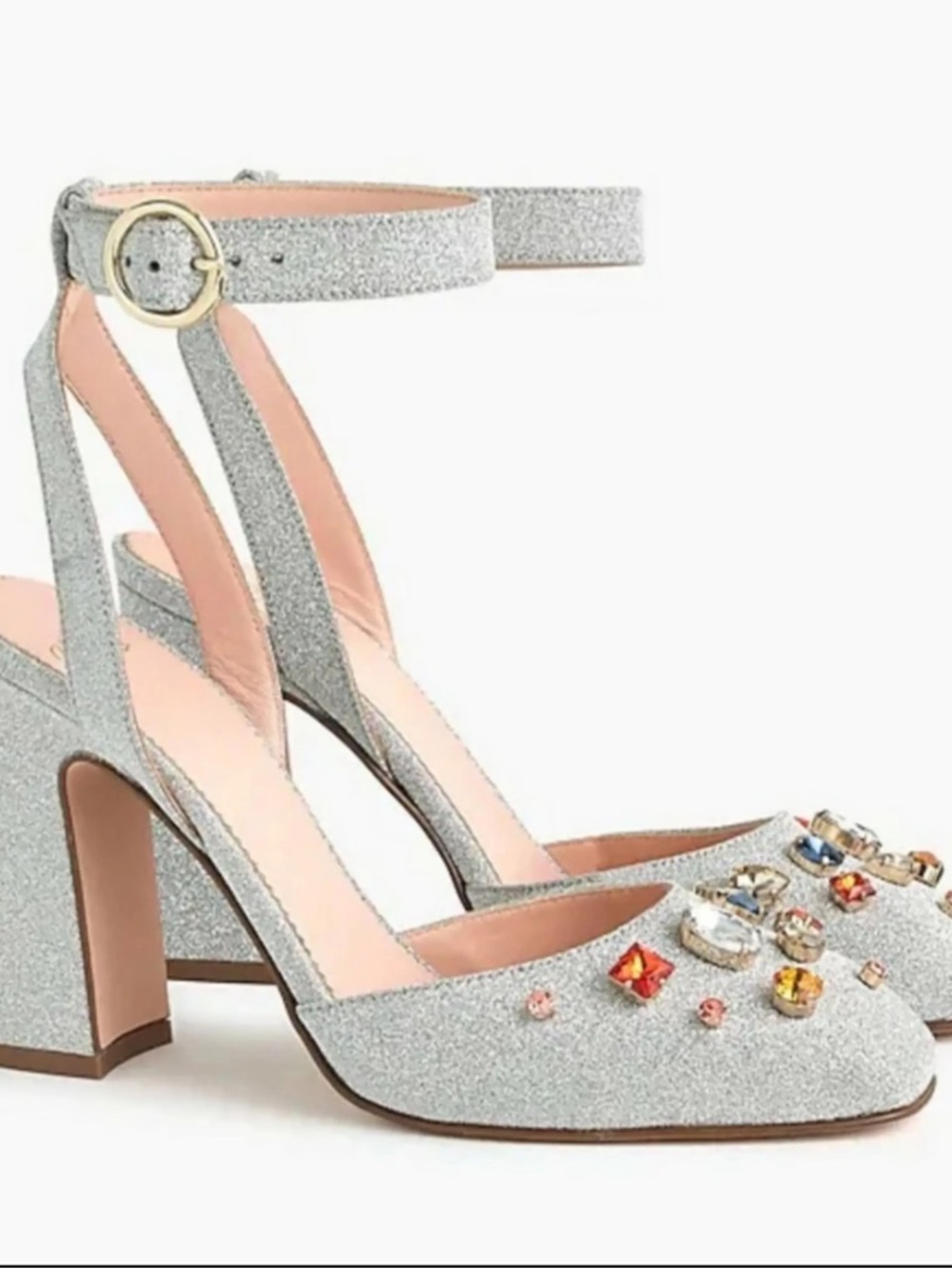 NEW J.Crew Harlow Vicky Silver Glitter Jewel Ankle-Strap Pumps - Size 6